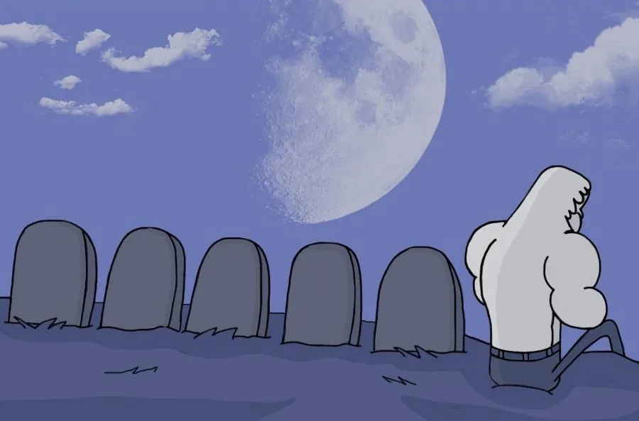 A cartoonish, muscular, white-hooded figure kneels in a graveyard at night under a large moon, facing five tombstones. The…