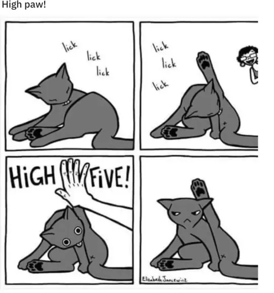 A four-panel comic strip shows a cat being licked by a person, then extending its paw for a high five, which the person…