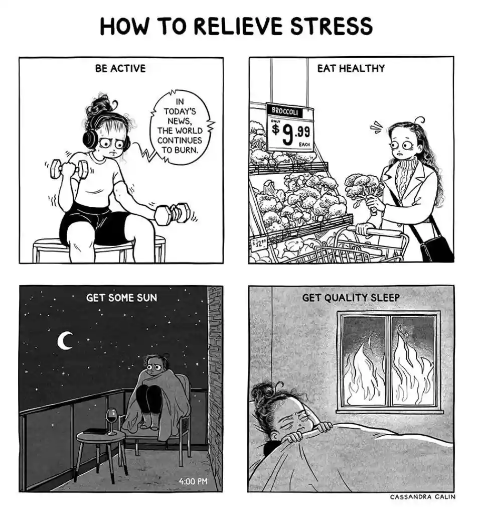 A four-panel black-and-white comic titled 'HOW TO RELIEVE STRESS' shows a woman attempting healthy habits: lifting weights…