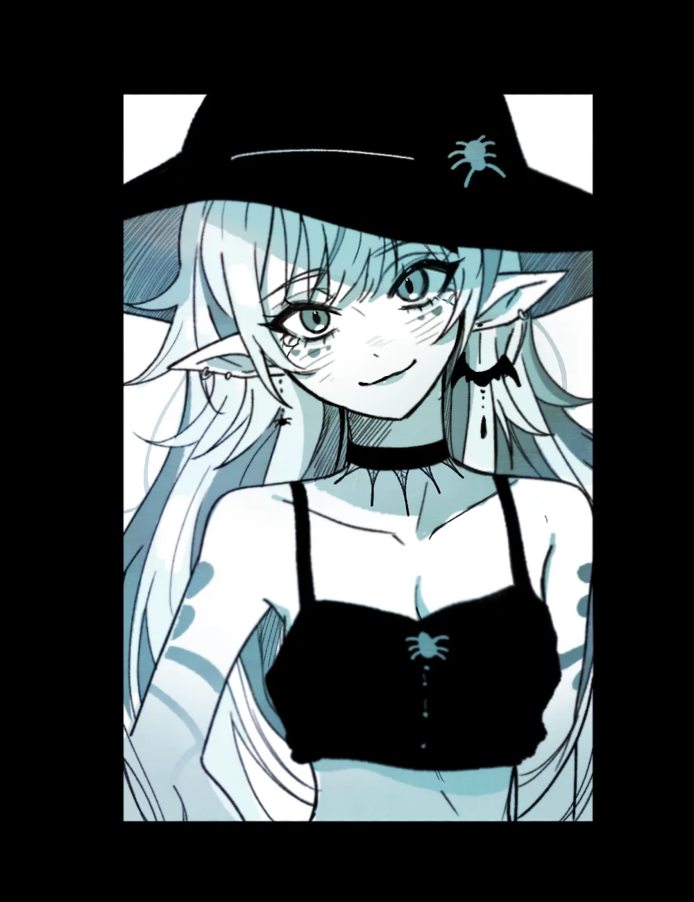 An anime-style illustration of a young woman with pale blue hair, pointed elf ears, and a black witch's hat adorned with a…