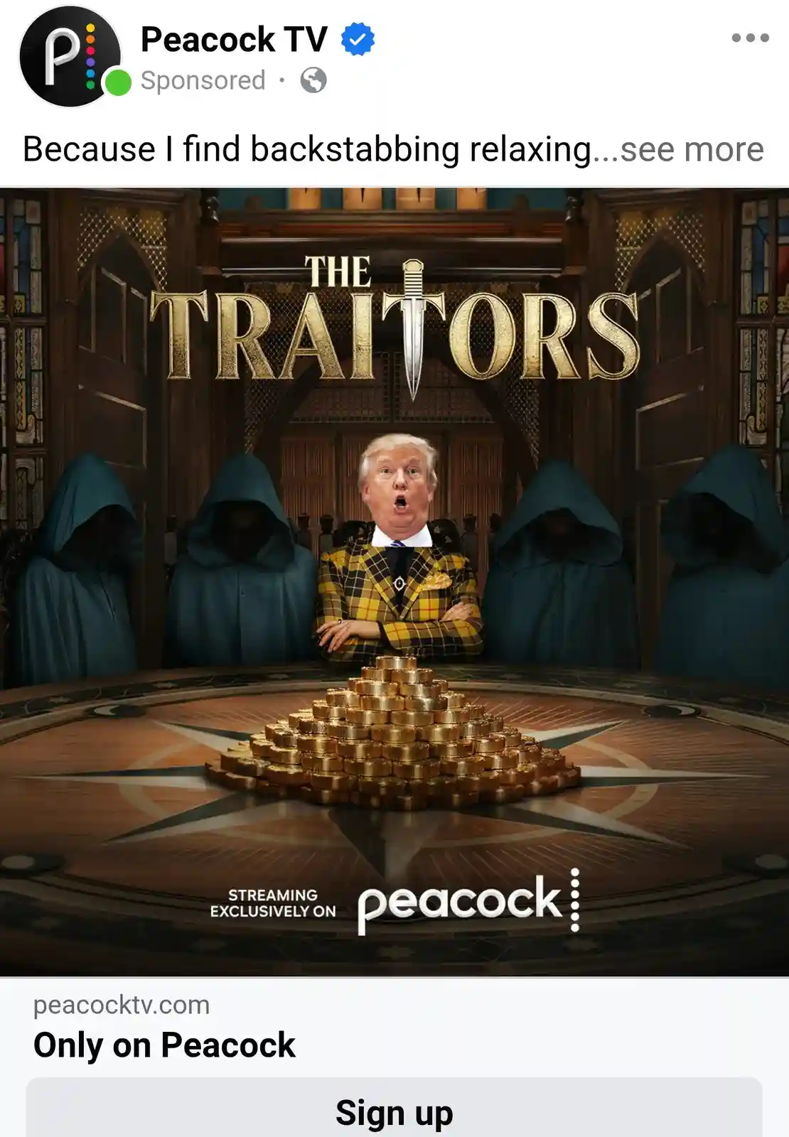 A promotional image for Peacock TV's show 'The Traitors' features a man in a yellow plaid suit seated at a round table with…