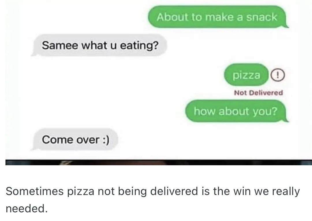 A screenshot of a text message conversation shows one person asking what the other is eating, the other replies 'pizza' with…