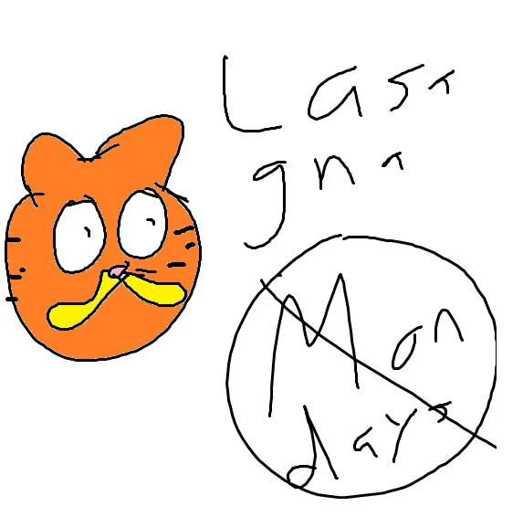 A hand-drawn image shows a cartoon orange cat with wide eyes and a yellow tongue sticking out, next to handwritten text that…