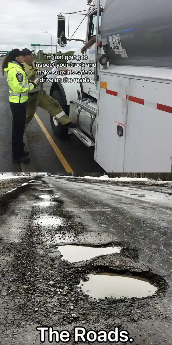 The top panel shows two highway workers inspecting a large white tanker truck, with one worker's leg extended onto the…