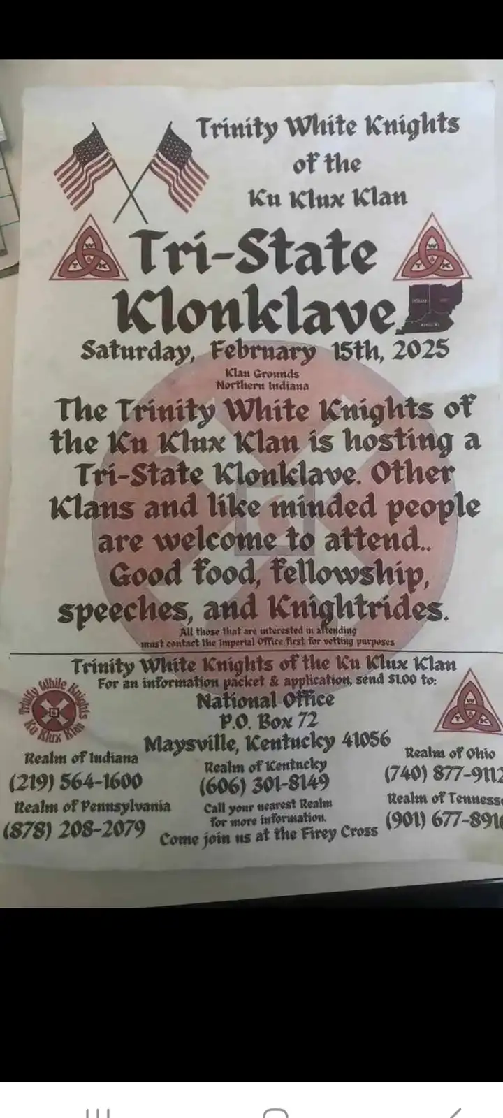 A printed flyer for a 'Tri-State Klonklave' hosted by the 'Trinity White Knights of the Ku Klux Klan' on February 15th…