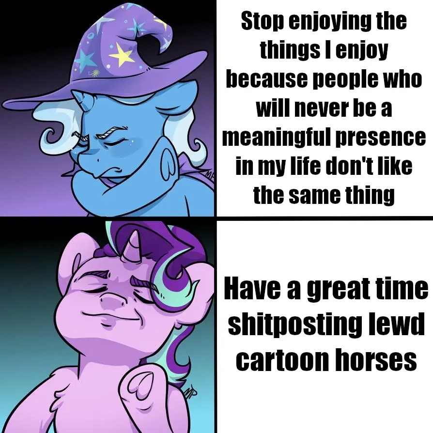 The image is a two-panel meme featuring cartoon pony characters. The top panel shows a blue pony wearing a purple wizard hat…