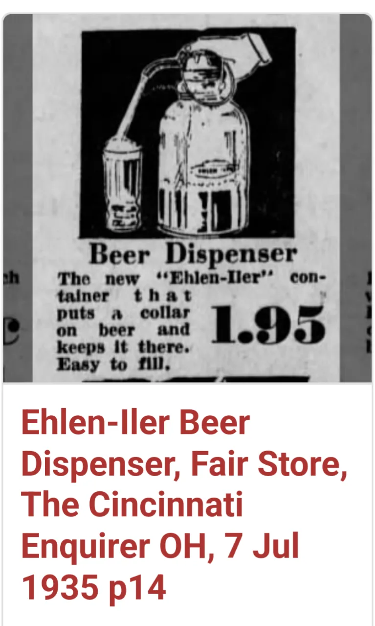 A vintage 1935 newspaper advertisement for an 'Ehlen-Iler' beer dispenser, showing a glass bottle with a metal collar and a…