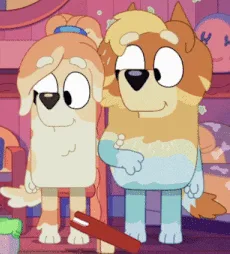 A sequence of six frames from the animated show 'Bluey' showing the characters Bluey and Bingo standing side by side. In…