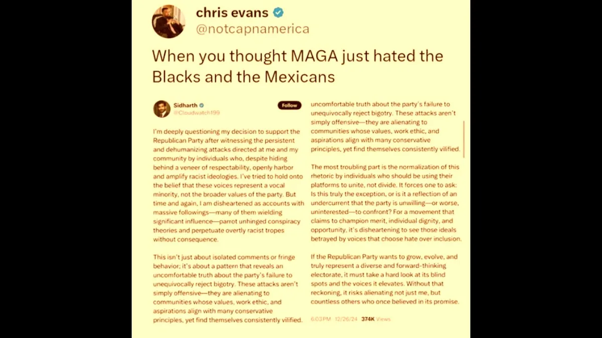 A screenshot of a tweet by Chris Evans (@notcapnamerica) with the headline 'When you thought MAGA just hated the Blacks and…