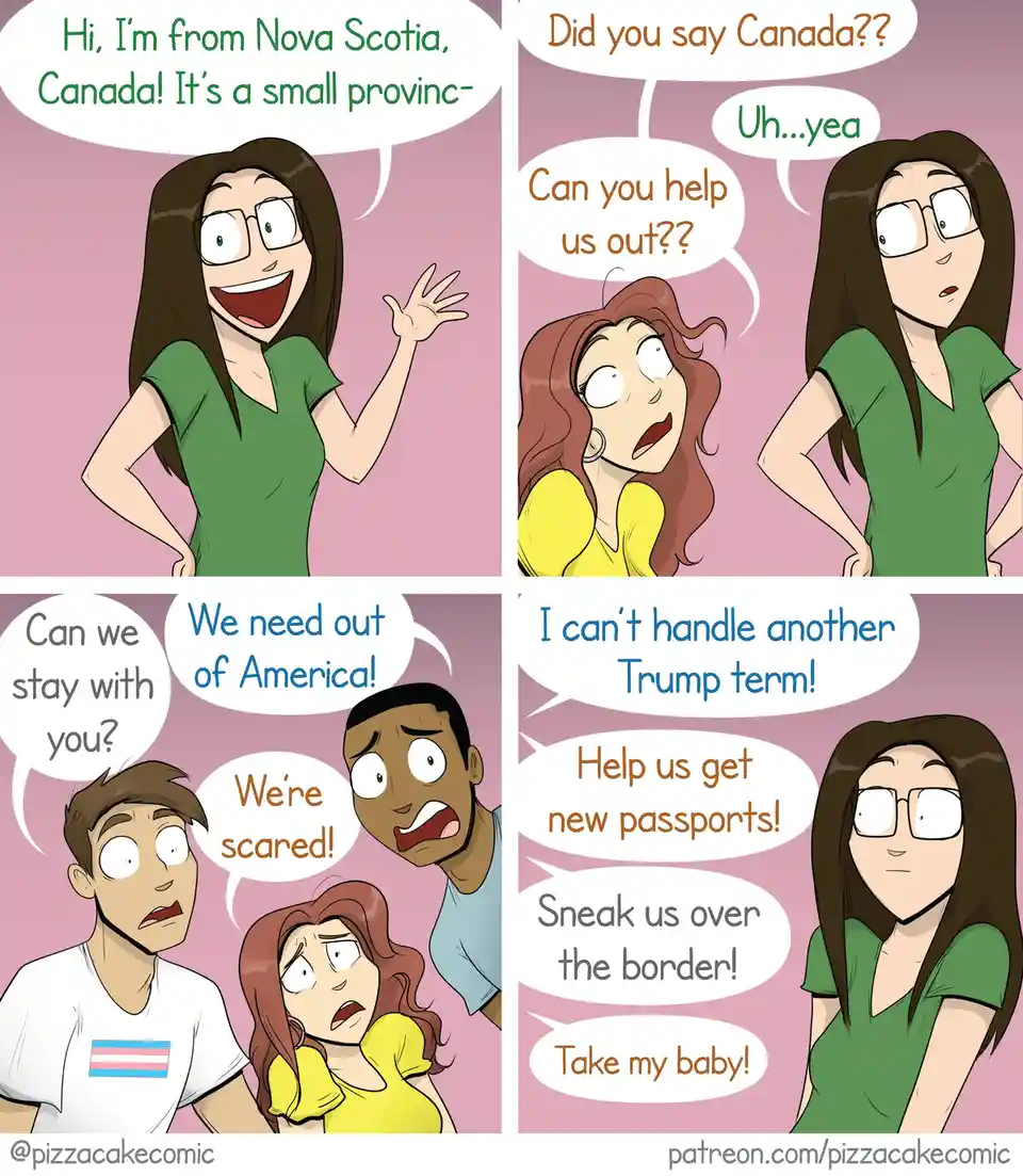 A four-panel comic shows a woman from Nova Scotia, Canada, initially excited to introduce her home province. When others ask…