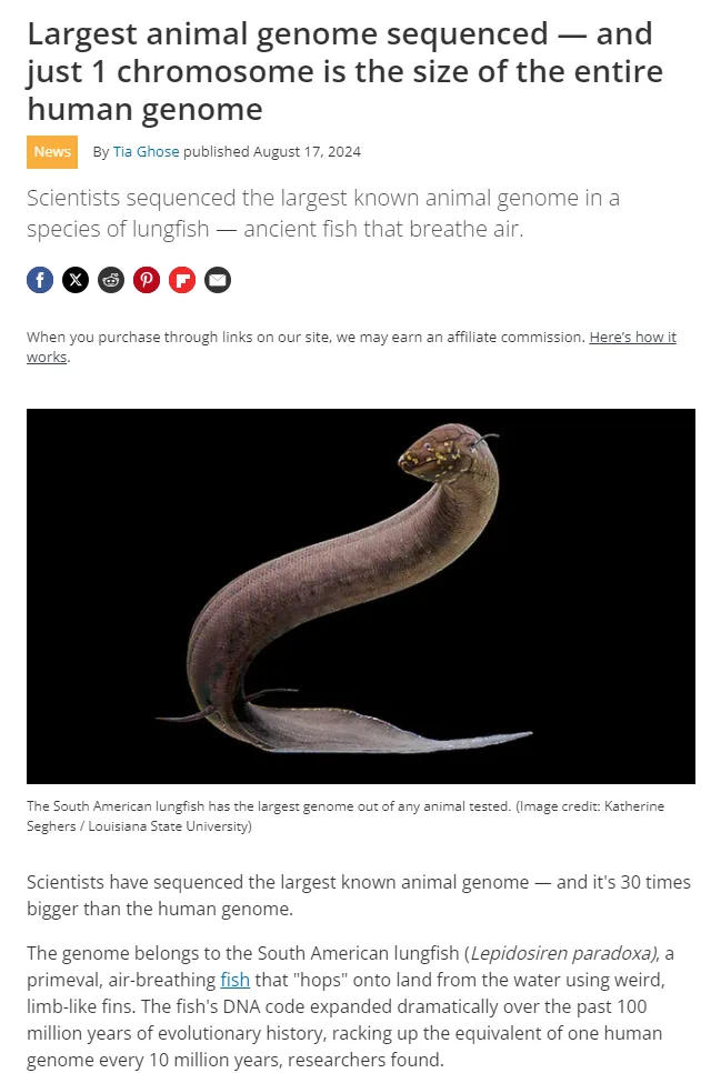 A news article screenshot shows a South American lungfish against a black background, with the headline overlaid: 'Largest…
