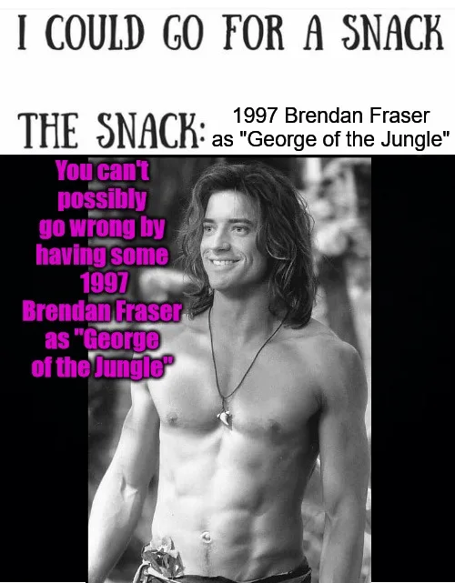 A black-and-white photo of actor Brendan Fraser shirtless, smiling, with long hair and a necklace, from his 1997 role as…