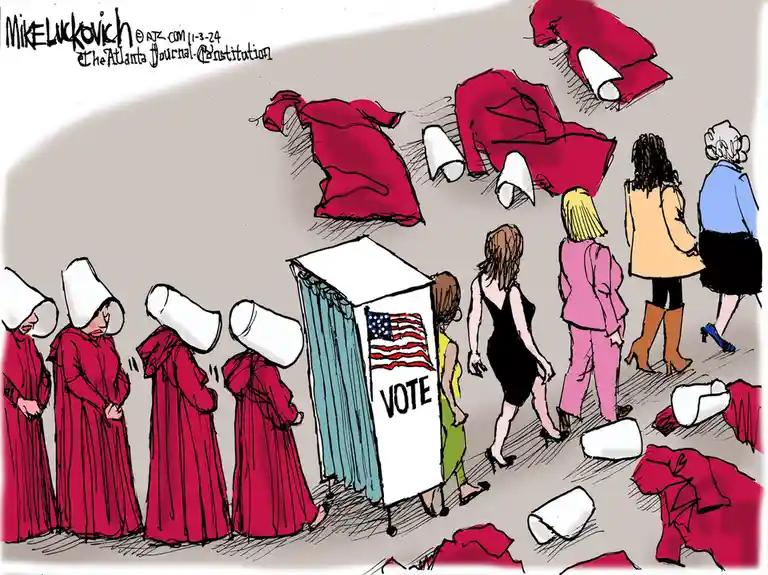 A political cartoon shows women in red robes and white bonnets, resembling characters from 'The Handmaid's Tale,' standing…
