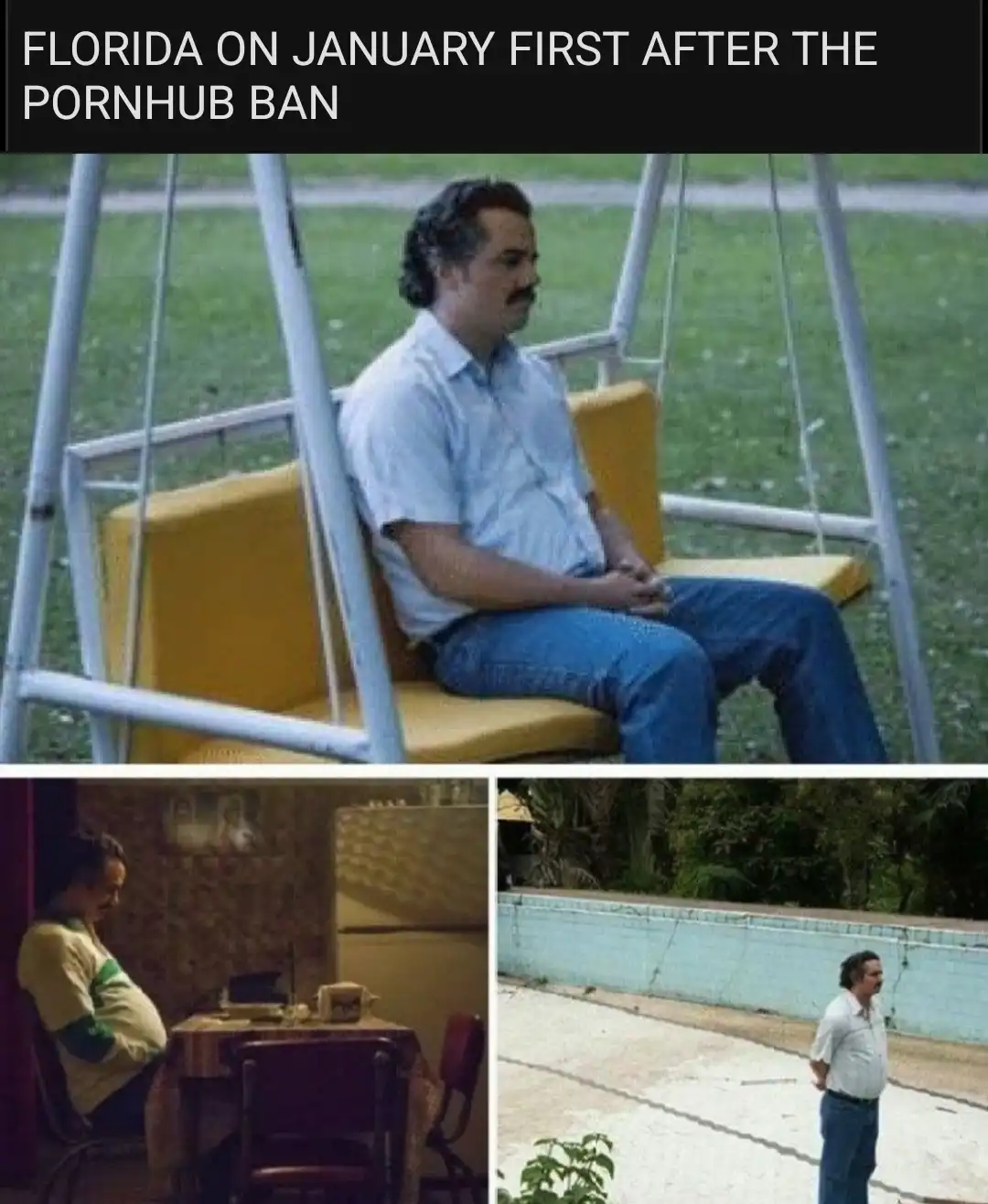A man with a mustache sits dejectedly on a yellow swing set in a grassy area. Below, two smaller images show him slumped at…