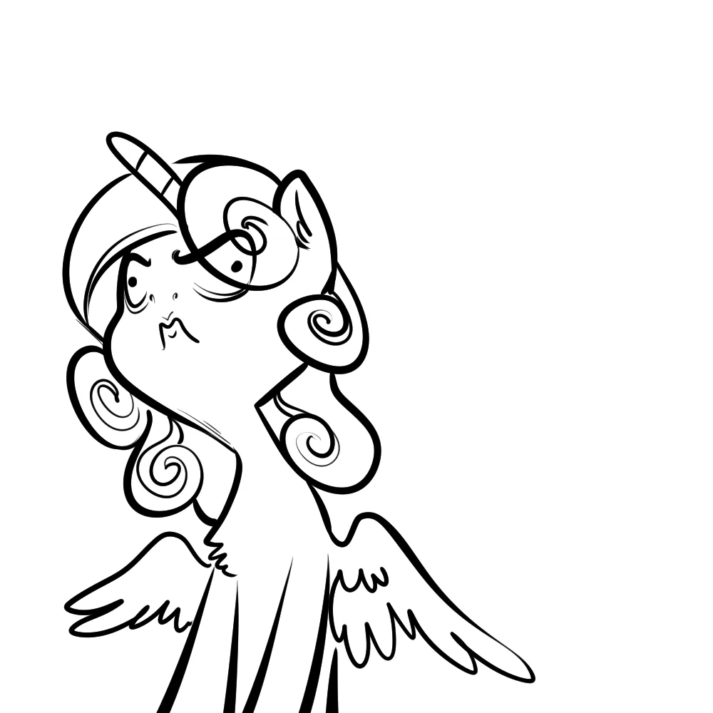 A black-and-white line drawing of a cartoon pony with a horn, wings, and curly hair, looking disdainful with narrowed eyes…