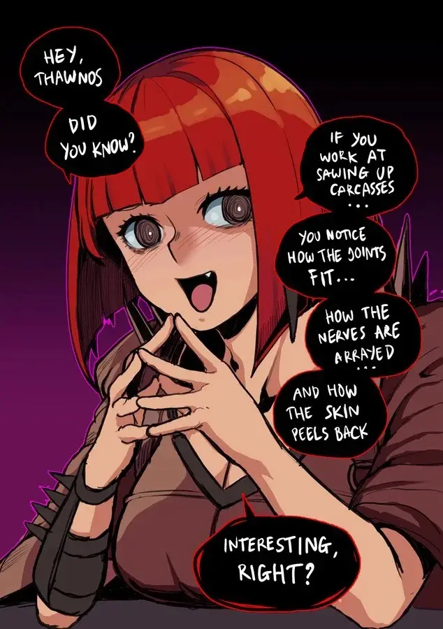 An anime-style woman with red hair and wide eyes excitedly tells a coworker named Thawnos about the fascinating details she…
