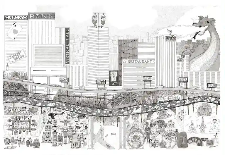 a black-and-white illustration depicts a surreal cityscape where skyscrapers labeled 'CASINO', 'BANK', 'VERTICAL MALL', and…