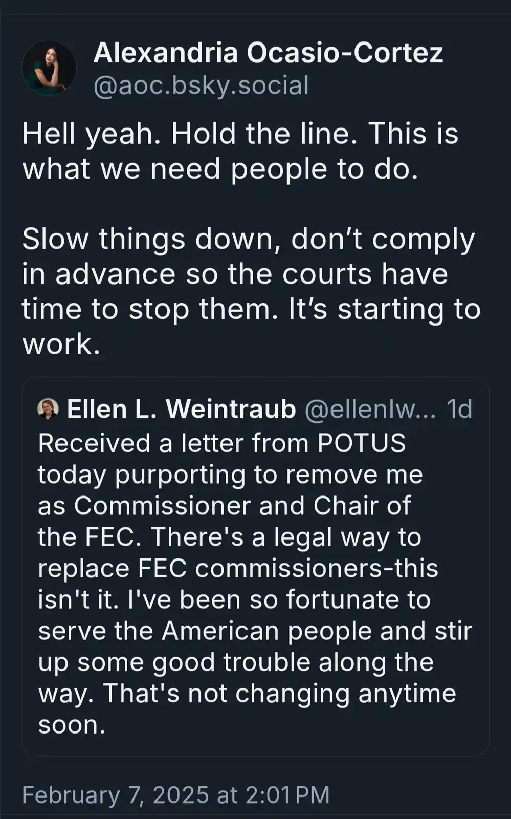 A screenshot of a social media post by Alexandria Ocasio-Cortez, who responds to a tweet from Ellen L. Weintraub…