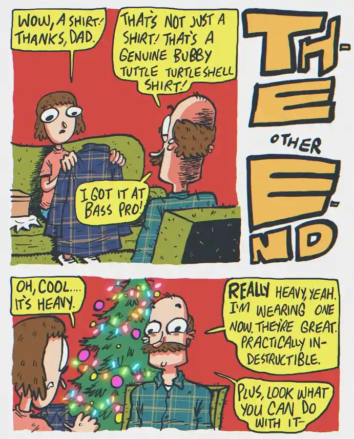 A two-panel comic strip shows a child receiving a plaid shirt from their dad, who enthusiastically claims it's a 'genuine…
