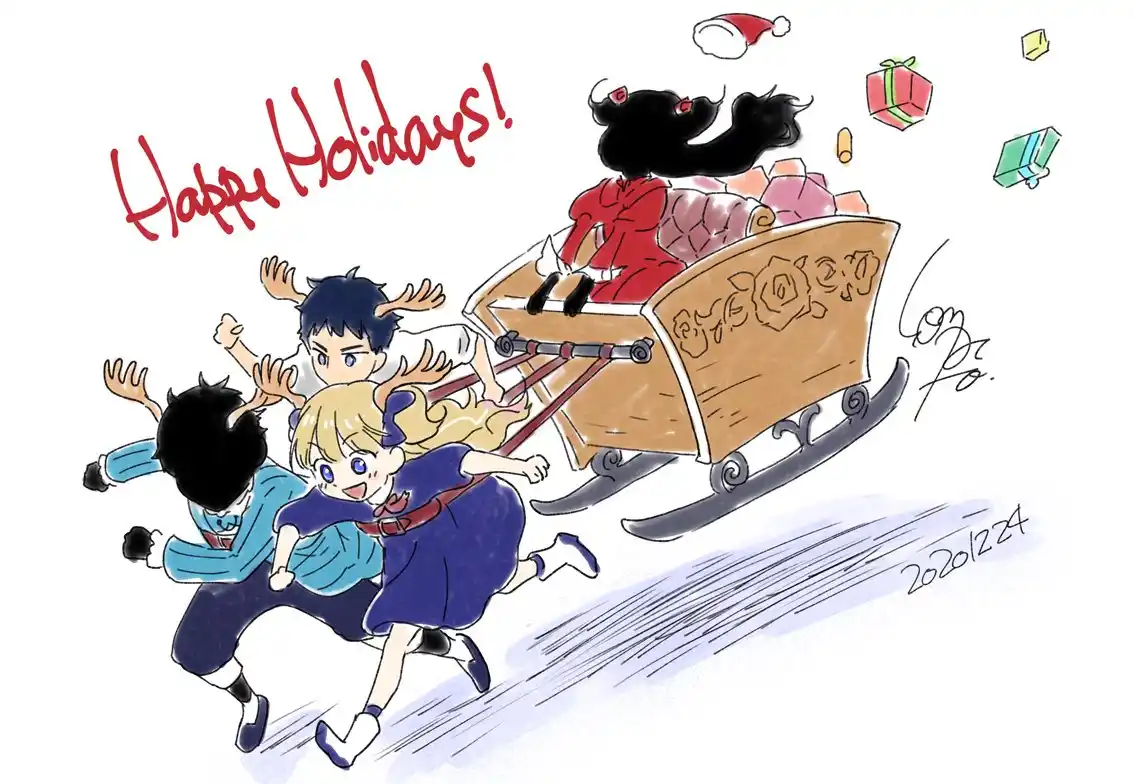 Three anime-style children with deer antlers run frantically while pulling a sleigh overflowing with gifts; a black-haired…
