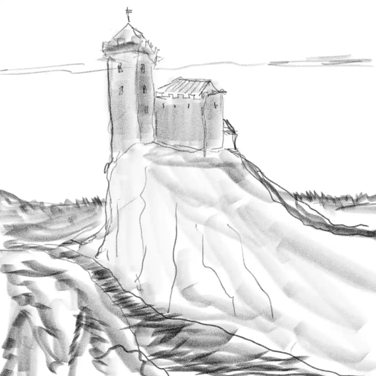 A black-and-white sketch depicts a castle perched atop a steep, rocky cliff with a winding path leading up to it. The castle…
