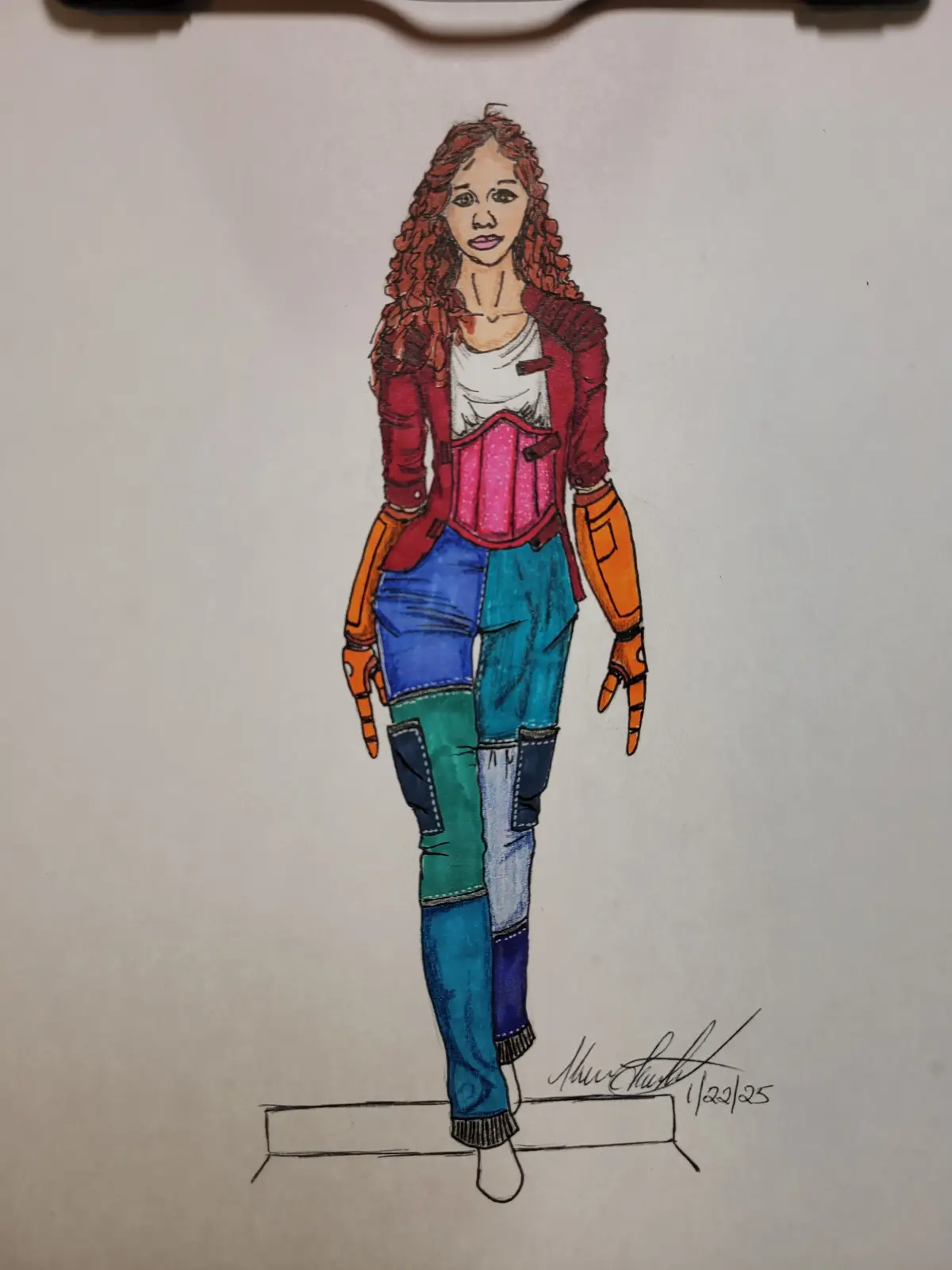 A hand-drawn illustration of a woman with curly red hair, wearing a red jacket, white shirt, pink corset, and patchwork…