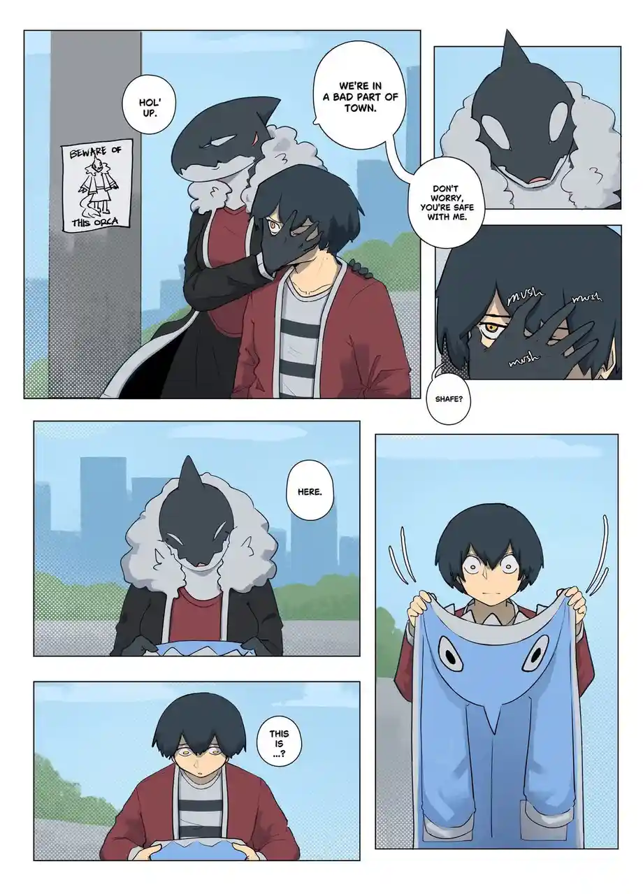 A comic strip shows an orca-like character reassuring a nervous human in a dangerous area, then handing them a blue…