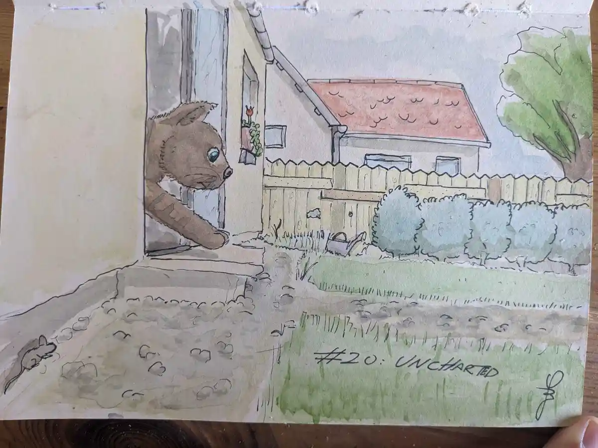 A watercolor drawing shows a brown cat peeking out from a doorway, staring intently at a mouse running across the yard. The…