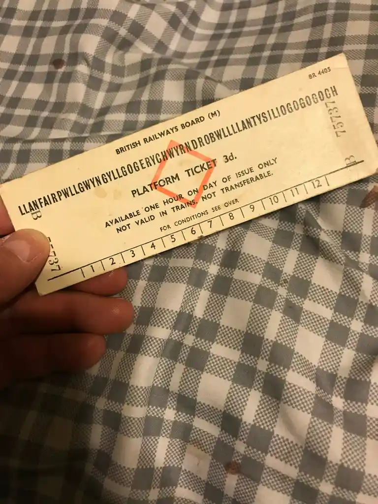 A hand holds a vintage British Railways platform ticket over a checkered cloth. The ticket, marked 'BR 4405' and numbered…