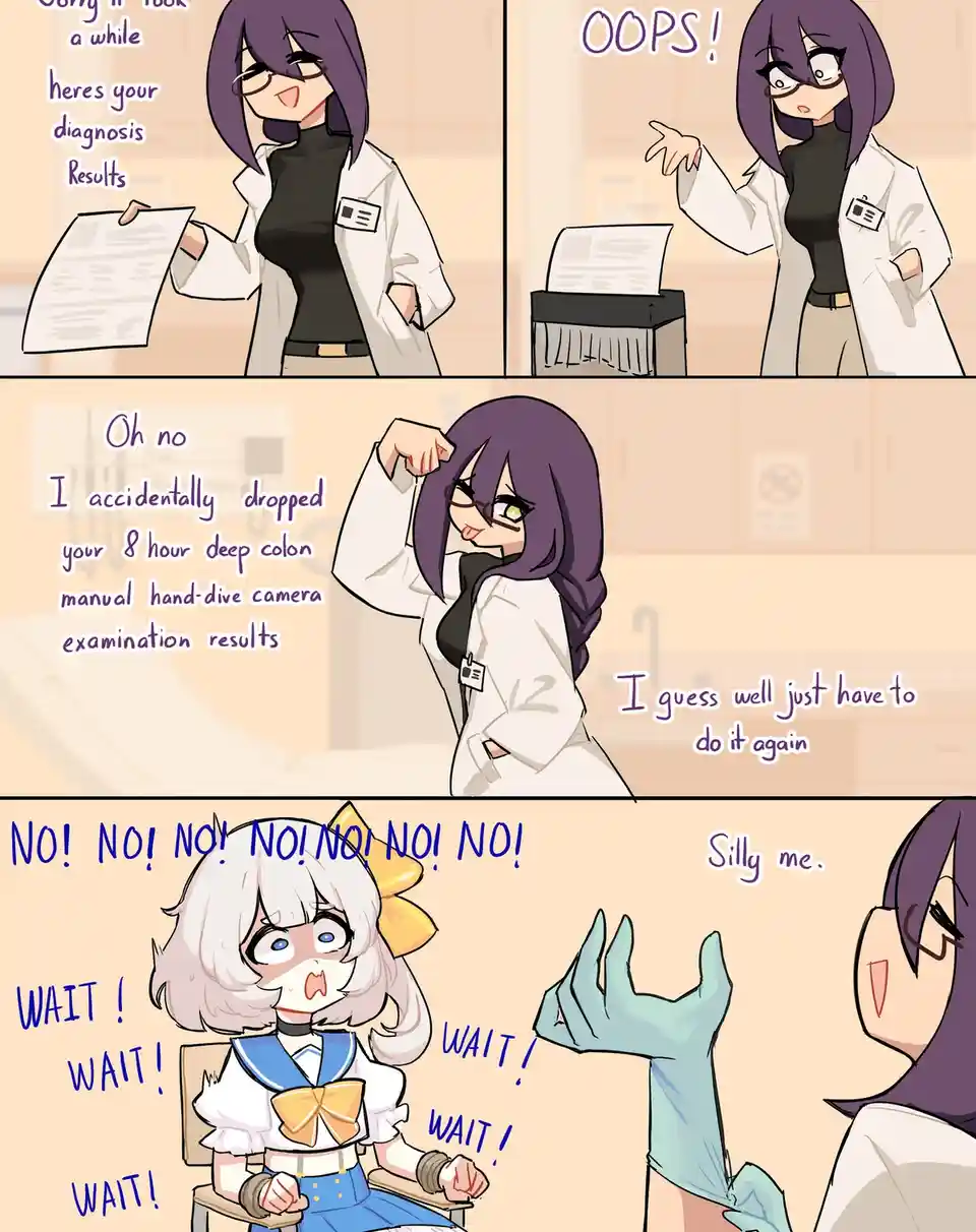 A four-panel comic shows a purple-haired doctor in a lab coat handing a patient a diagnosis, then accidentally dropping it…