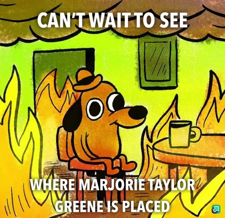 A cartoon dog wearing a hat sits calmly in a room engulfed in flames, holding a mug, with text overlaid that reads 'CAN'T…
