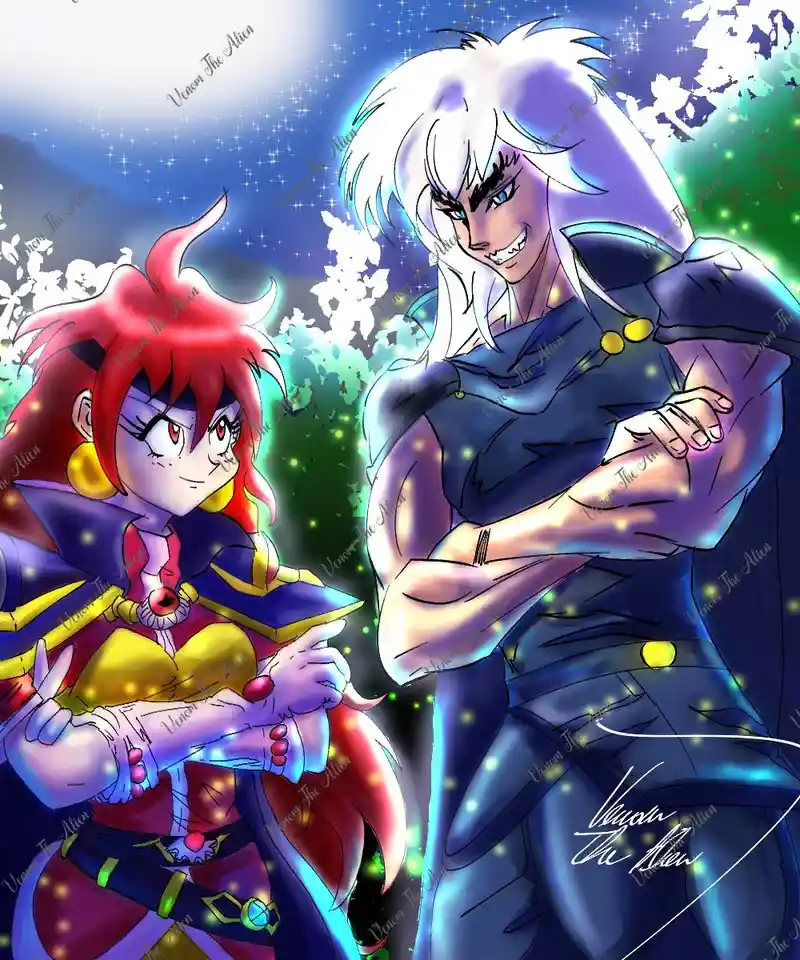 Two anime-style characters stand side-by-side against a starry, glowing background. The character on the left has red hair…