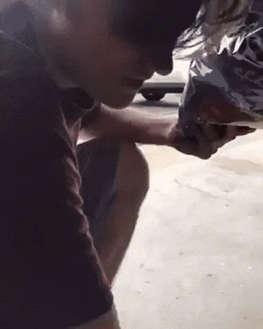 A six-panel sequence shows a person dropping potato chip fragments onto a concrete floor, then using a black sneaker to…