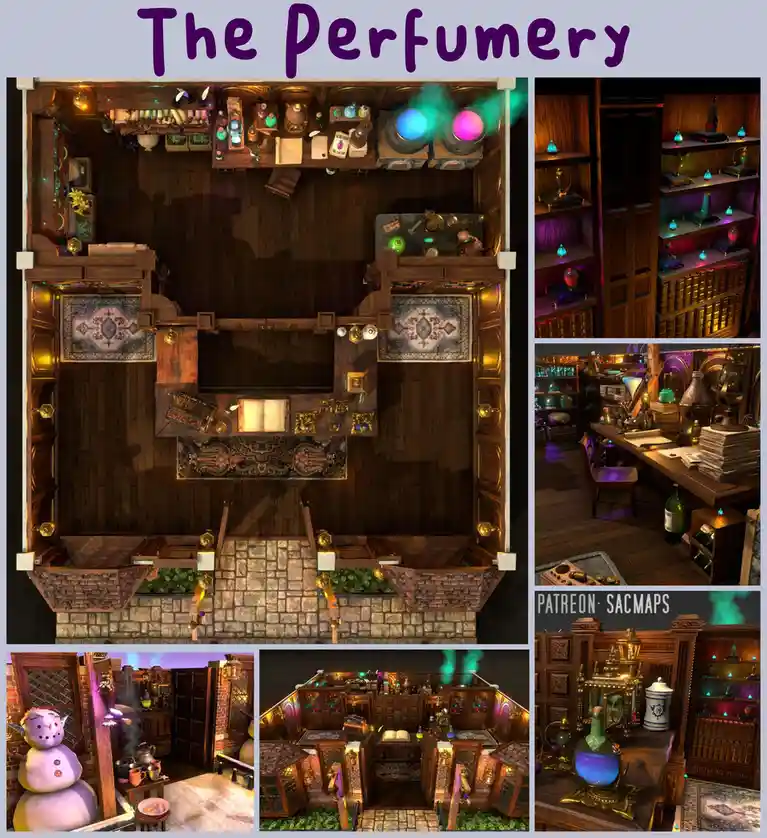 A collage of six images showcasing a richly detailed, fantasy-style perfumery interior with wooden shelves, glowing vials…