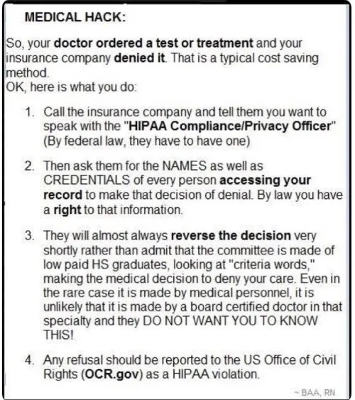 A black-and-white image displays a text-based 'medical hack' guide with four numbered steps. The text explains how to…