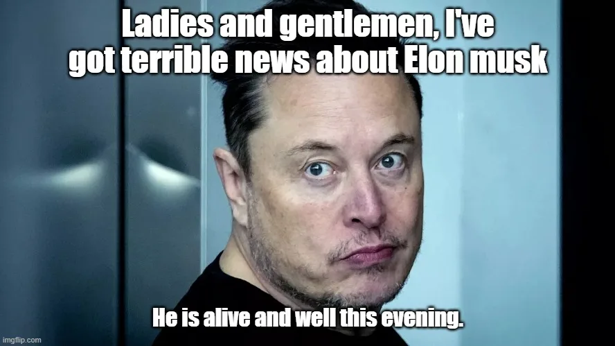 A close-up photo of Elon Musk with a wide-eyed, slightly concerned expression, looking directly at the camera. White bold…