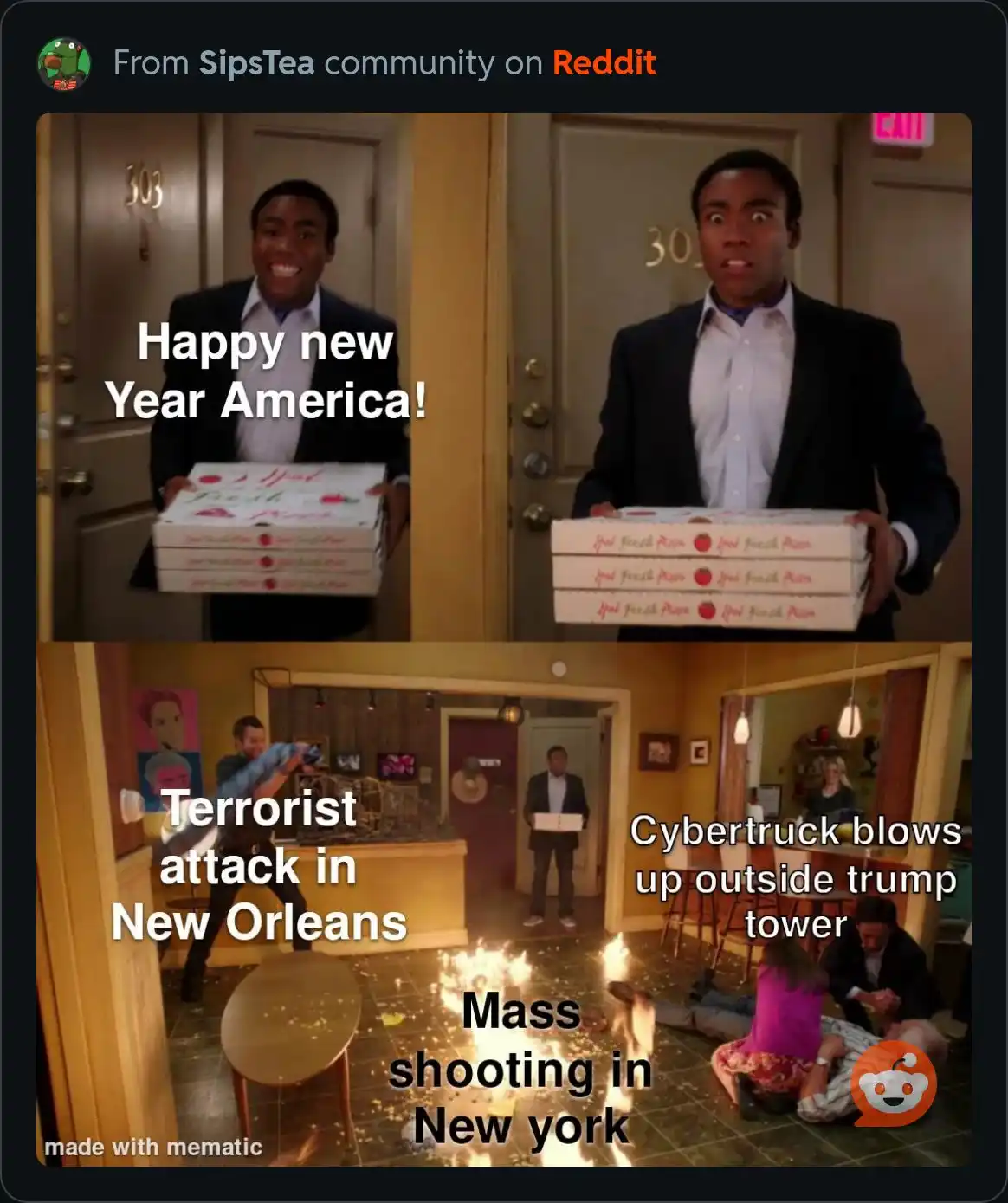 The image is a two-panel meme. The top panel shows a man holding pizza boxes with a cheerful expression, overlaid with the…