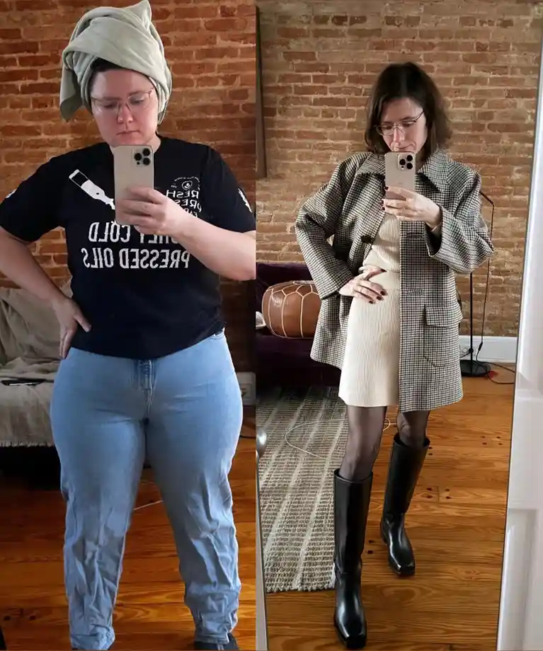 A side-by-side mirror selfie shows a woman in two contrasting outfits: left, wearing a black t-shirt with 'PRESSED OILS'…