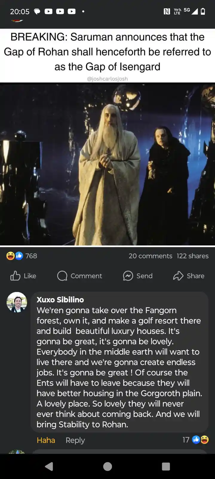 The image shows a screenshot of a social media post featuring a still from 'The Lord of the Rings' with Saruman the White…