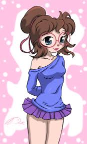 An anime-style girl with brown hair in a high bun and large eyes wears a blue off-the-shoulder top and a purple frilly skirt…