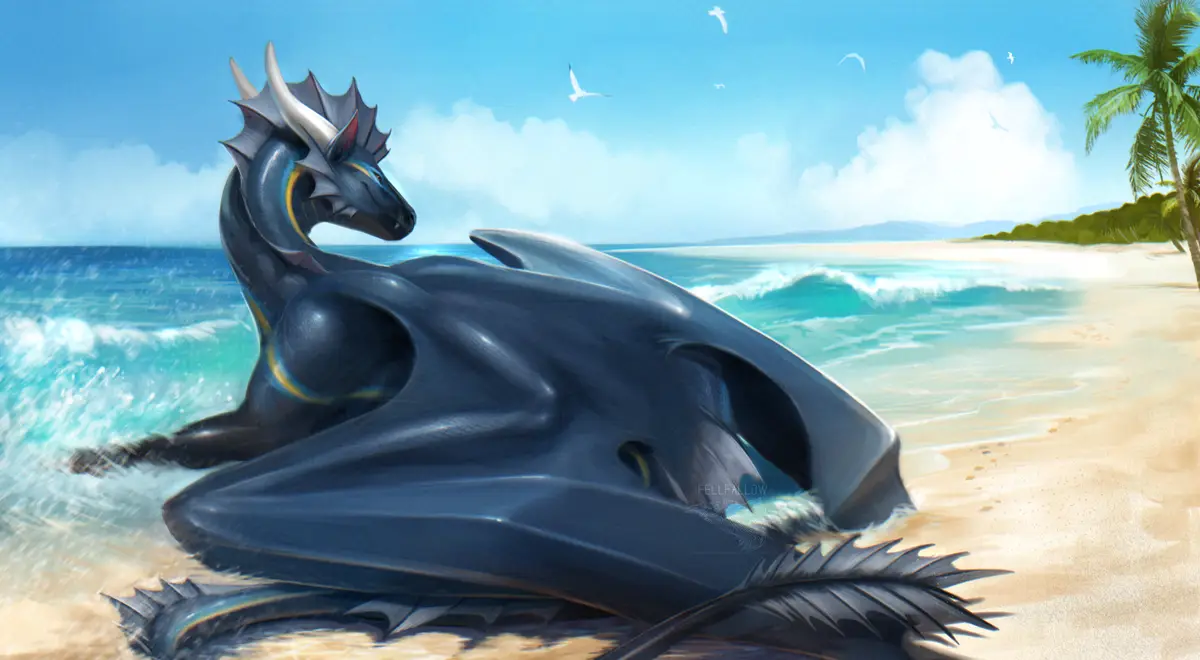 A large, dark blue dragon with white horns and yellow accents is lounging on a sandy beach next to turquoise ocean waves…
