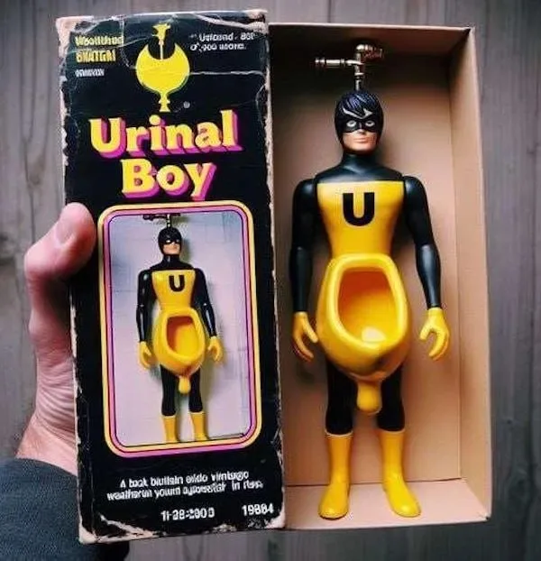 A hand holds the vintage 1984 'Urinal Boy' action figure box next to the figure itself, which is a superhero in a black and…