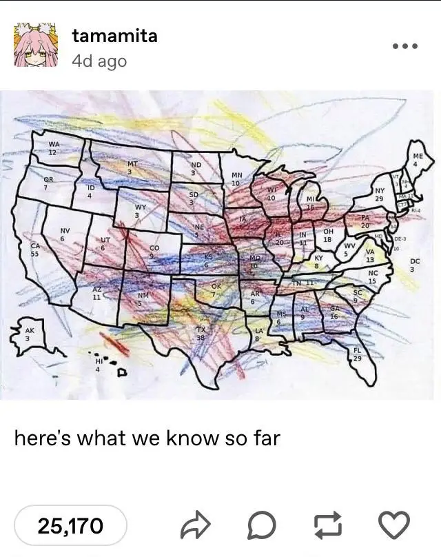 A hand-drawn map of the United States with each state outlined and labeled with a number, some states have scribbled colored…