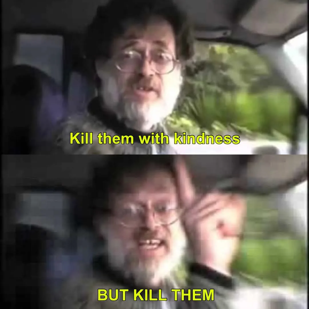 A two-panel meme featuring a man with glasses and a white beard inside a car. In the top panel, he looks earnest while the…