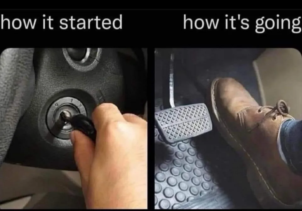 The image is split into two panels. Left: A hand inserts a key into a car's ignition. Right: A foot in a brown boot presses…