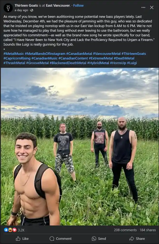 A shirtless, smiling man with a backpack stands in the foreground of a grassy field, while three other men in casual clothes…