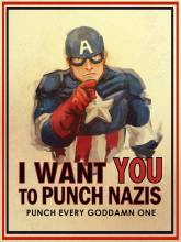 A vintage-style recruitment poster features Captain America in his classic red, white, and blue costume, holding a…