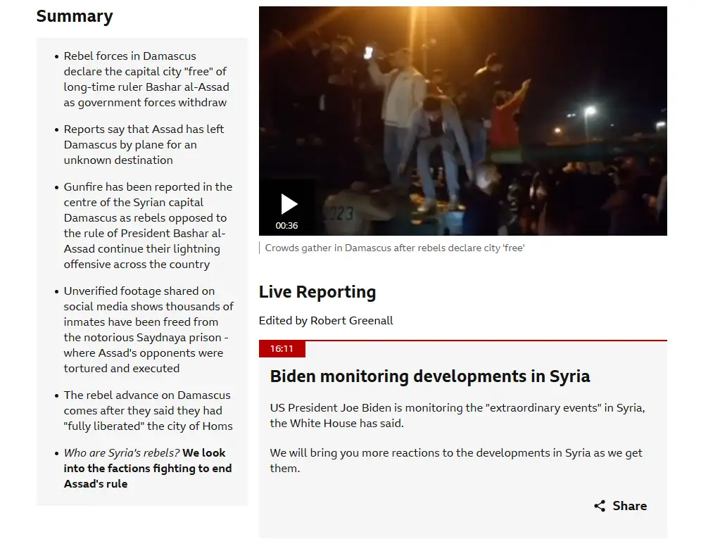 A screenshot of a news broadcast shows a video thumbnail of crowds celebrating in Damascus at night, with the headline…