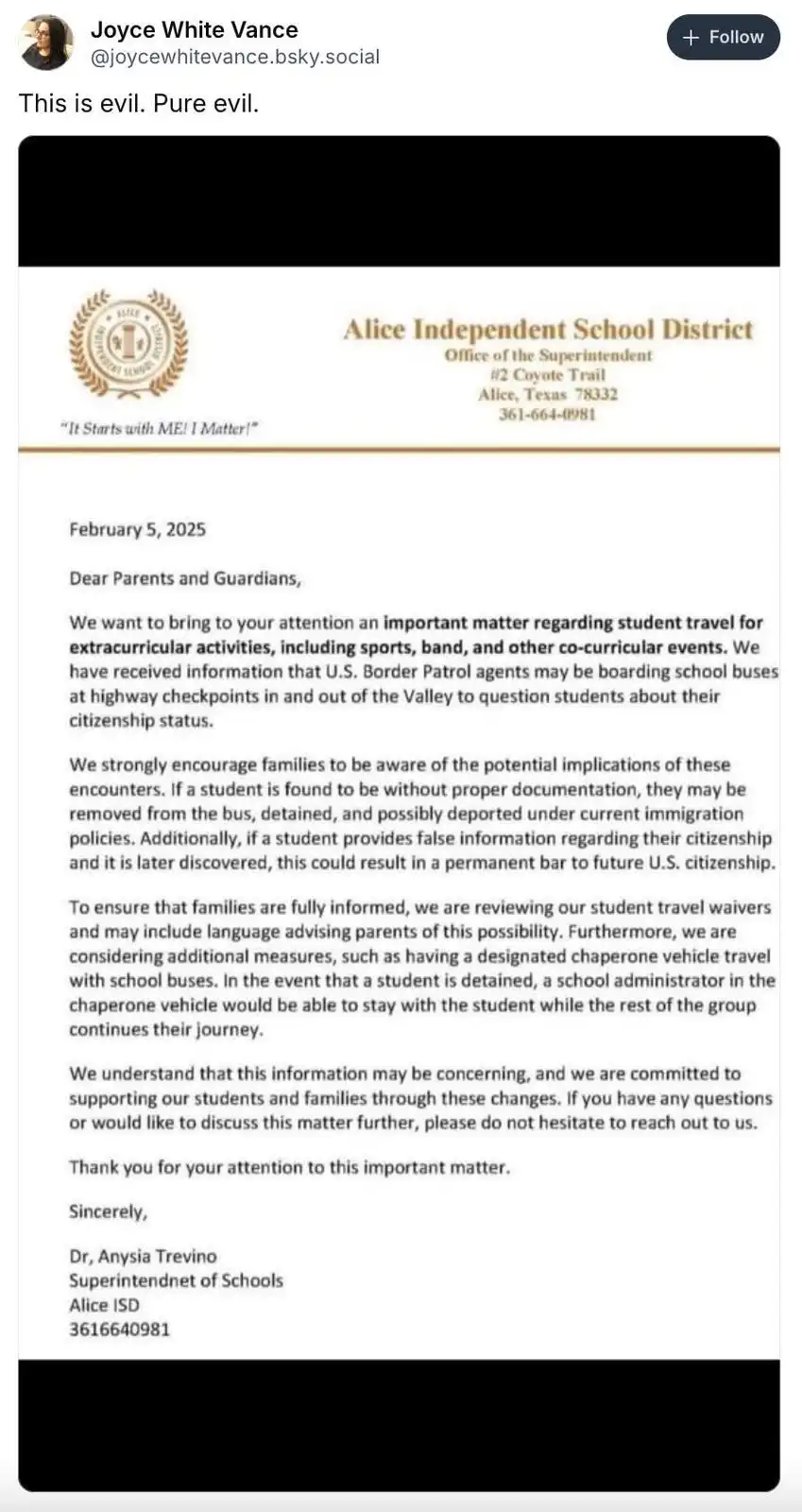 A screenshot of a letter from the Alice Independent School District, dated February 5, 2025, warns parents that U.S. Border…