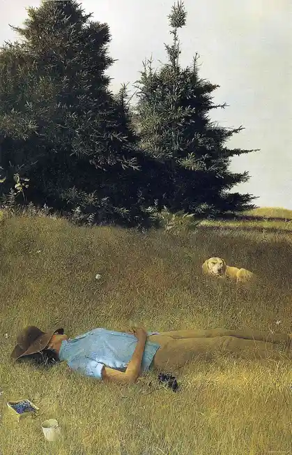 A person in a blue shirt and brown hat lies face-down in tall grass beside a basket of blueberries and a metal pail, with a…